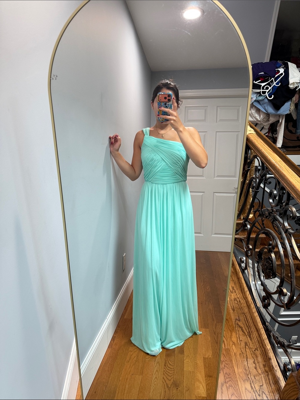 ALFRED SUNG Mint One-Shoulder Chiffon Gown
